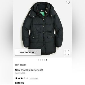 J. Crew new château puffer coat, NWT, size small, black